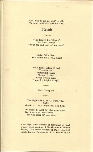 The Society of Yorkshiremen 33rd Annual Dinner-Dance, 1969, Menu