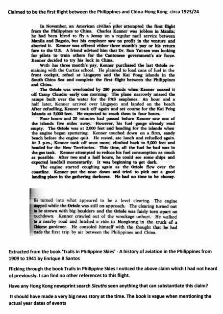 Philippines to Hong Kong-claimed first flight