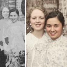 1941 Lula Bell Hough with her Bible woman, Miss Ko. AI enhanced.